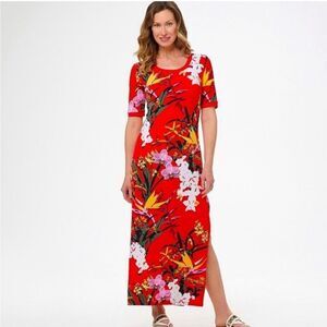 GILI Floral Shirt Dress Womens Stretch Side Slit Maxi size M red short sleeve